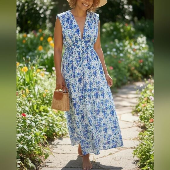 Zara maxi floral dress Size M.... Sundress V neck. Shoulder Pads - Picture 3 of 8